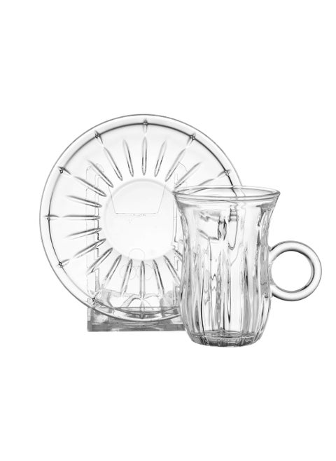 Tea set consisting of 6 cups + 6 saucers made of clear glass with elegant and modern engravings