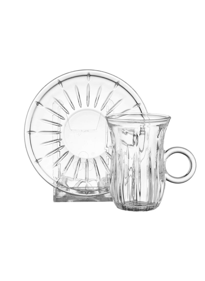 Tea set consisting of 6 cups + 6 saucers made of clear glass with elegant and modern engravings