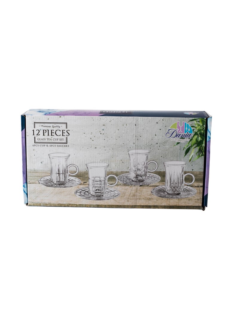 Tea set consisting of 6 cups + 6 saucers made of clear glass with elegant and modern engravings