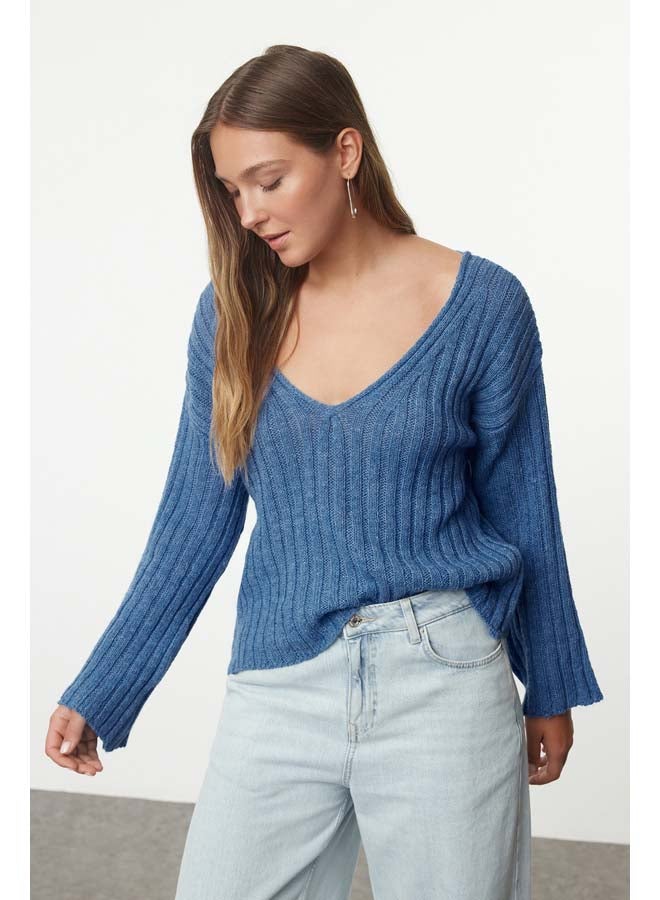 trendyol Dark Blue Wool Wide Fit Crop Basic Knitwear Sweater TWOAW23KZ01844 - Image 1