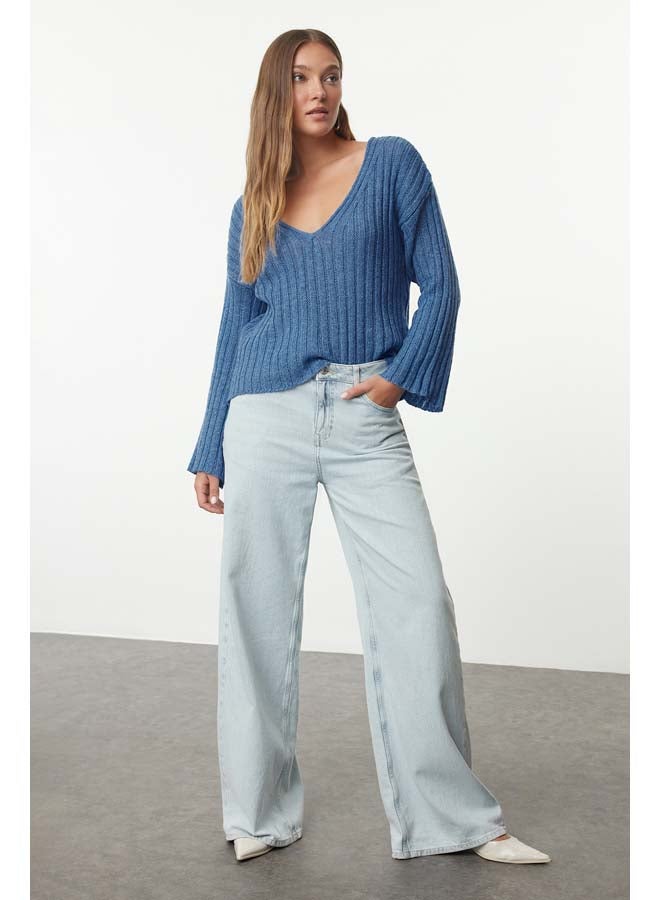 trendyol Dark Blue Wool Wide Fit Crop Basic Knitwear Sweater TWOAW23KZ01844 - Image 2