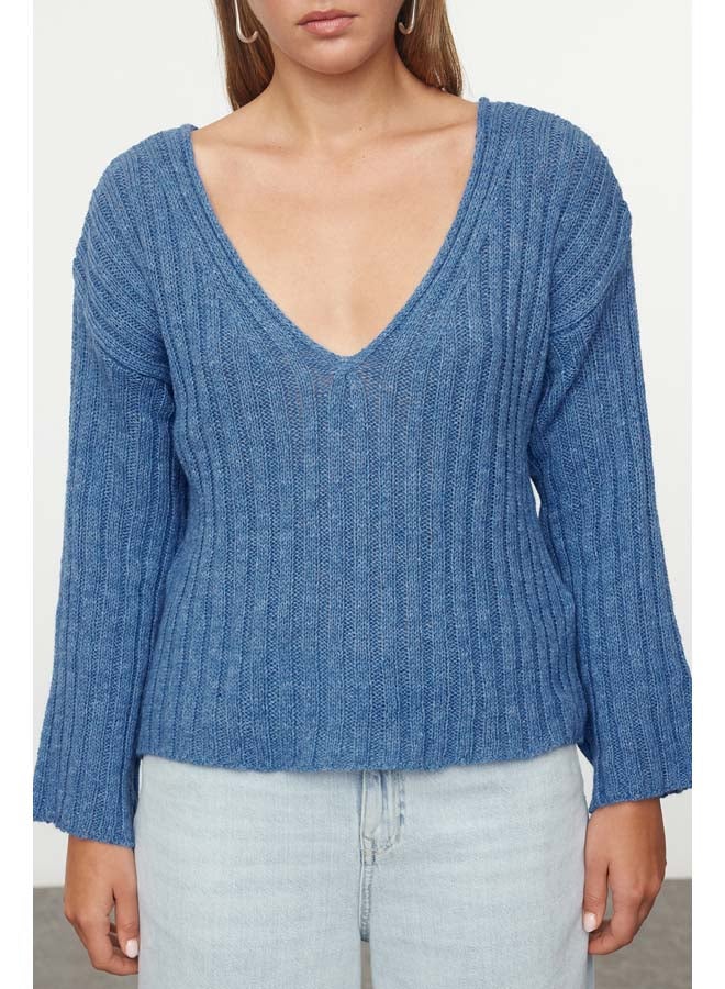 trendyol Dark Blue Wool Wide Fit Crop Basic Knitwear Sweater TWOAW23KZ01844 - Image 3