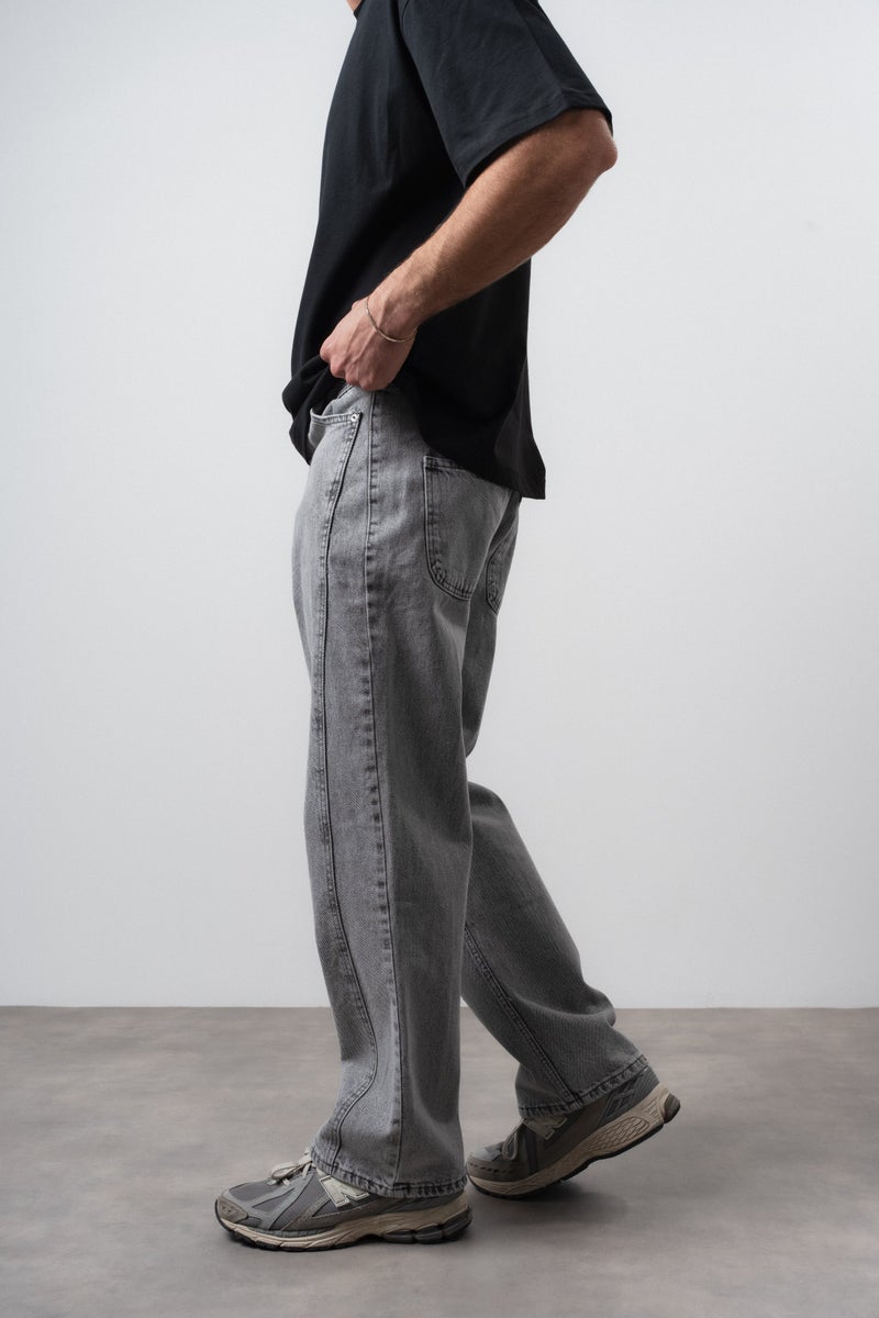 RESPIRE Men's Baggy Jeans with Stitching Detail, Grey - Image 3