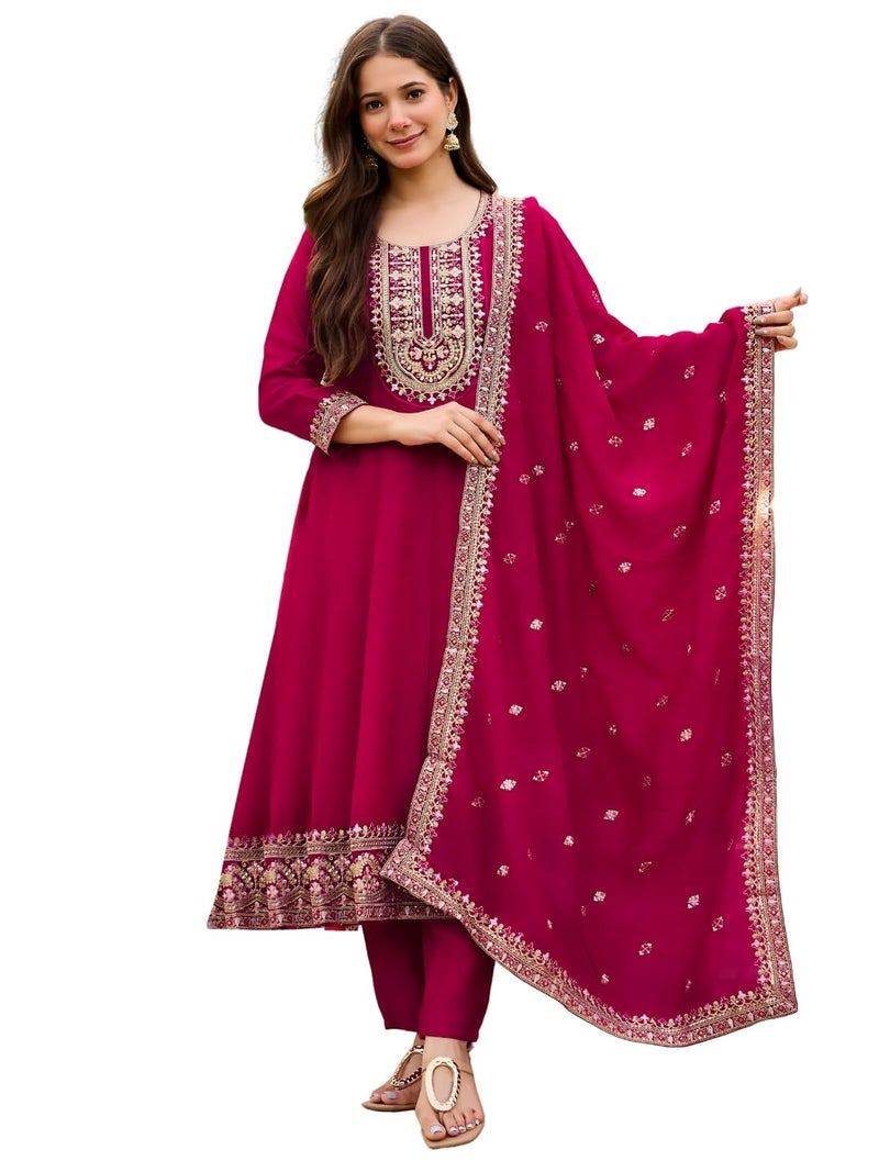 Naixa Women's Vichitra Silk Siquinned Embroidered Flared Kurta with Pant and Dupatta Sets (NX-S-Shakti-Rani-XL) - Image 1