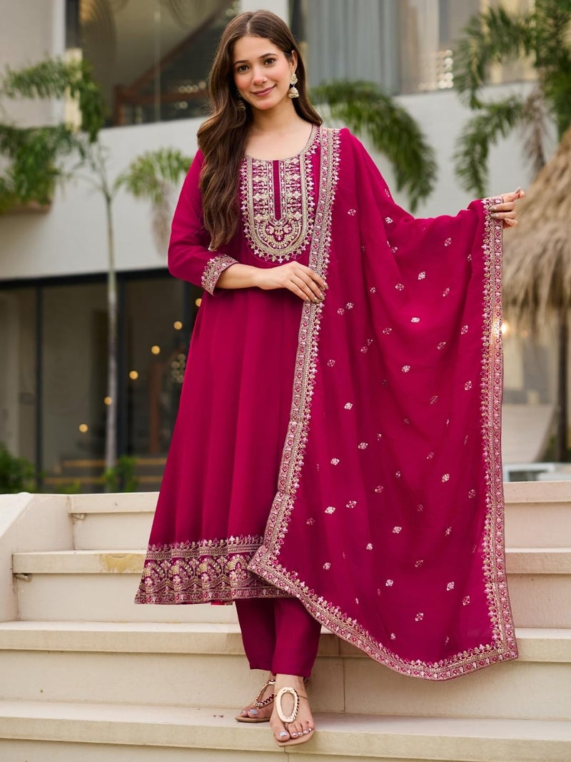 Naixa Women's Vichitra Silk Siquinned Embroidered Flared Kurta with Pant and Dupatta Sets (NX-S-Shakti-Rani-XL) - Image 2