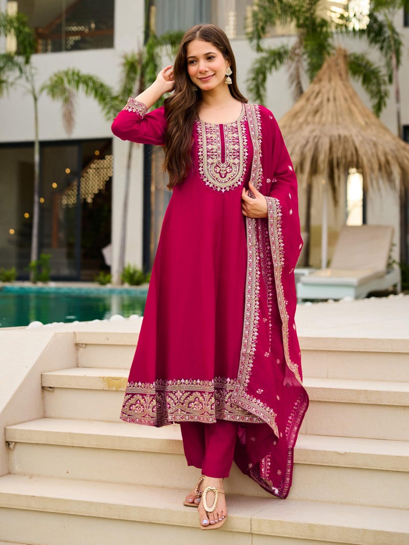 Naixa Women's Vichitra Silk Siquinned Embroidered Flared Kurta with Pant and Dupatta Sets (NX-S-Shakti-Rani-XL) - Image 3