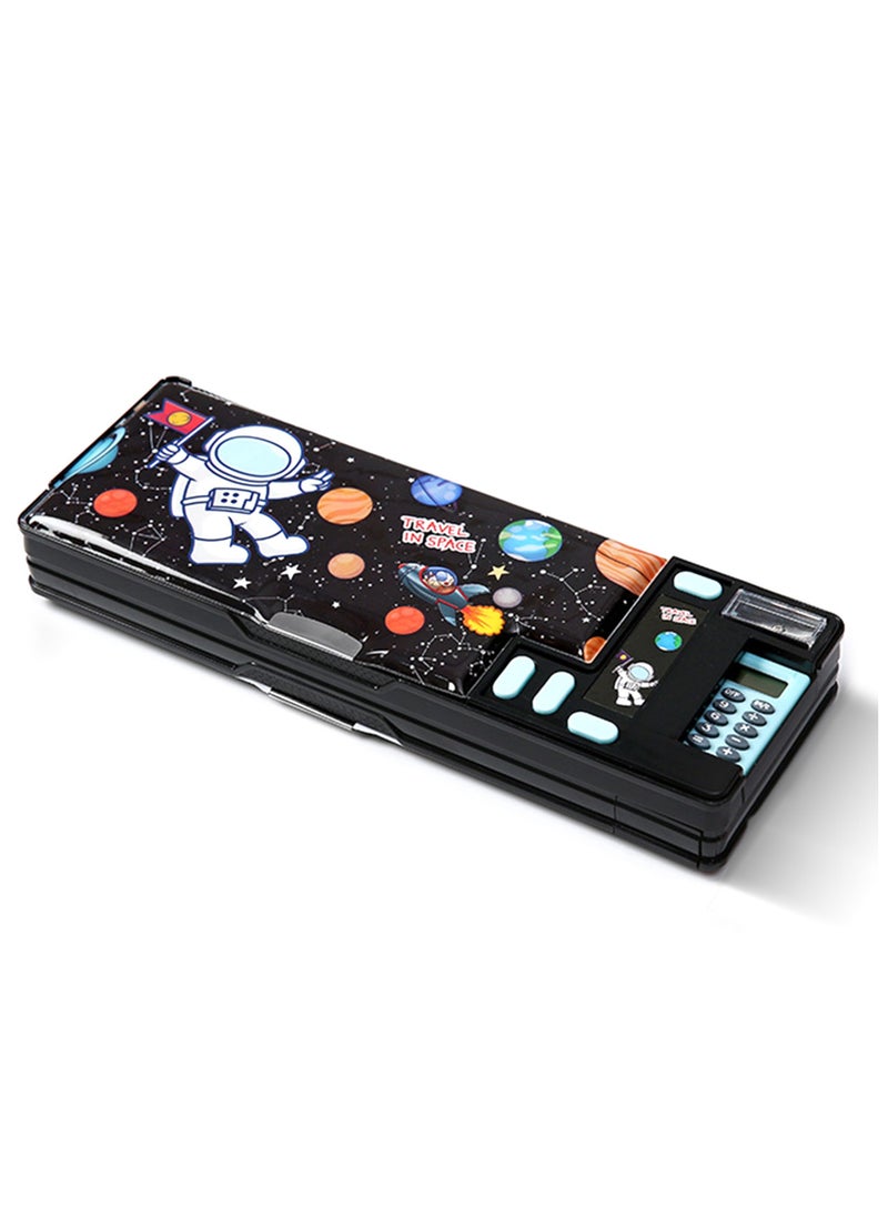 Generic Creative Multifunctional Pencil Case With Button Cartoon Pattern Pencil Case Suitable For Children'S Stationery Set Suitable For Girls And Boys With Compartments, Pencil Sharpener (Astronaut) Black  - Image 1
