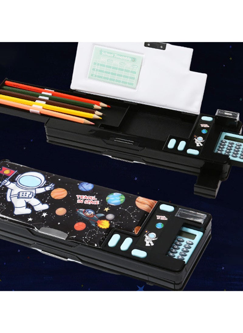 Generic Creative Multifunctional Pencil Case With Button Cartoon Pattern Pencil Case Suitable For Children'S Stationery Set Suitable For Girls And Boys With Compartments, Pencil Sharpener (Astronaut) Black  - Image 3