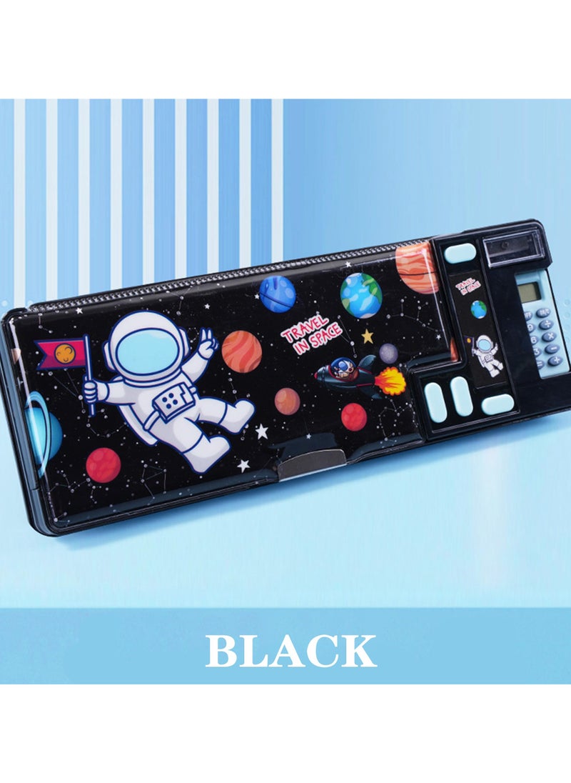 Generic Creative Multifunctional Pencil Case With Button Cartoon Pattern Pencil Case Suitable For Children'S Stationery Set Suitable For Girls And Boys With Compartments, Pencil Sharpener (Astronaut) Black  - Image 4