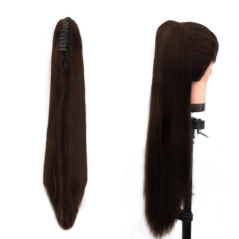 Paradise Ponytail Hair Extensions for Women  Girls 28 Dark Brown Straight Long Length Half Wig Claw Clip Clutcher Synthetic Bun Hair Extensions - Image 1