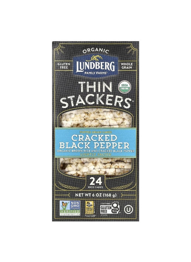 Lundberg Lundberg, Organic Thin Stackers, Puffed Grain Cakes, Cracked Black Pepper, Lightly Salted, 24 Rice Cakes, 6 oz (168 g)  - Image 1