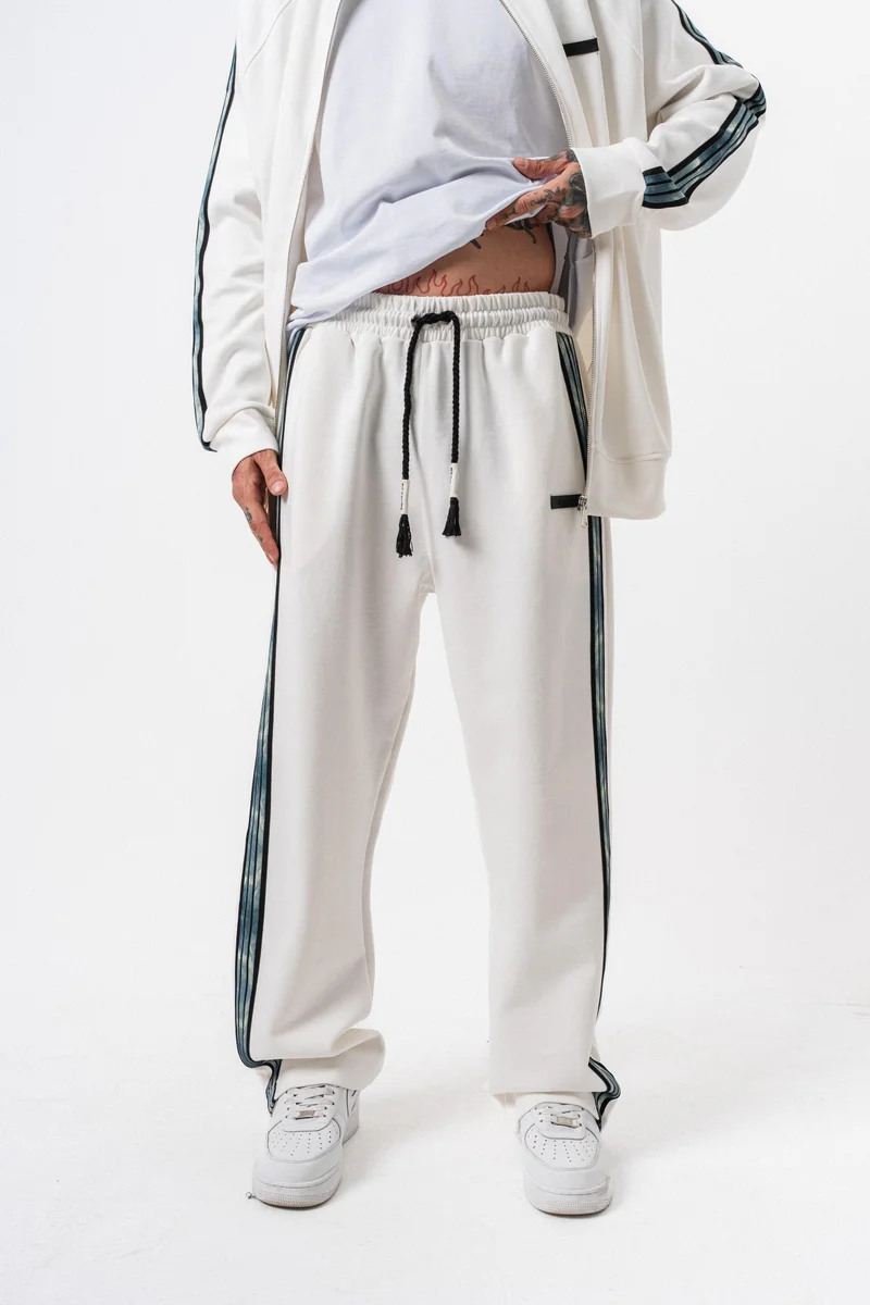 RESPIRE Men's Dark Striped Winter Doubleface Baggy Sweatpants Ecru