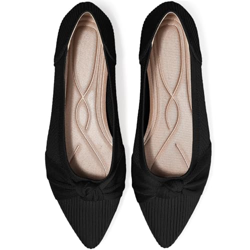 TINGRISE Women's Flats Shoes Comfortable Dressy Pointed Toe Knit Washable Ballet Flat Black US10 - Image 1