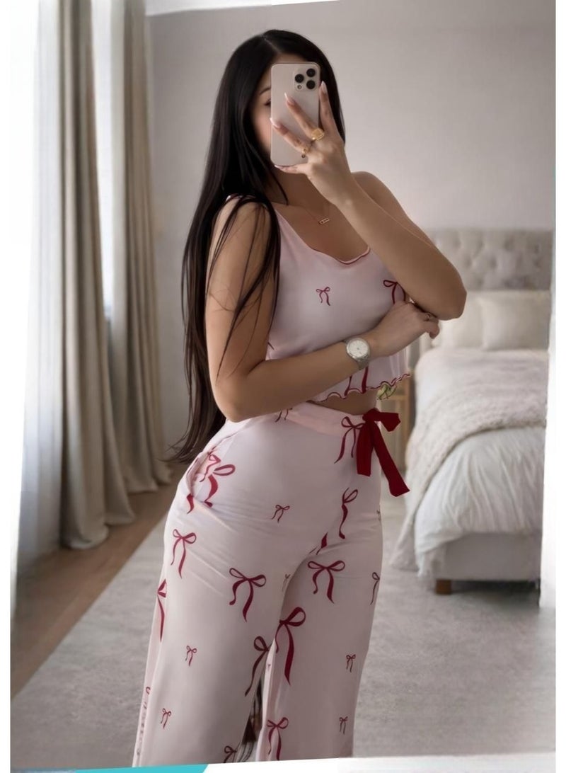 طقم بيجامة نسائي من قطعتين، توب قصير وبنطلون طويل، بطبعة فيونكات، للمنزل - Image 1