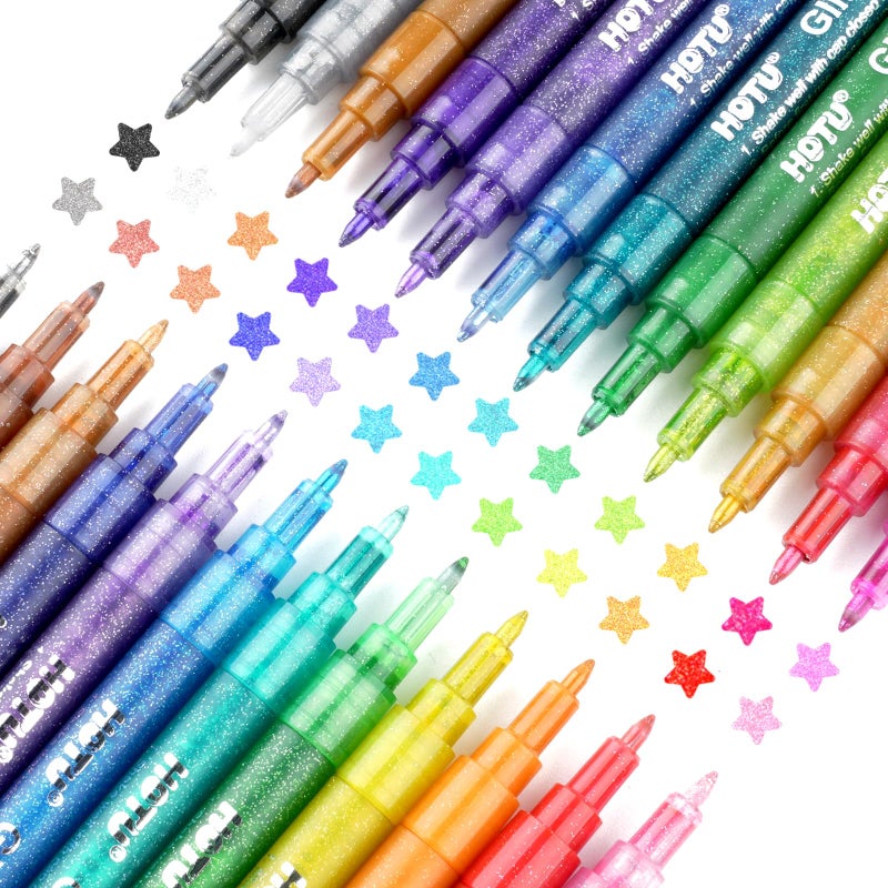HOTU Glitter Markers Pen: 24 Sparkly Colors Metallic Marker 0.7mm Extral Fine Tip Acrylic Glitter Paint Pens for Rock Painting, Ceramic, Glass, Wood, Fabric, Scrapbooking, DIY Craft Making - Image 1