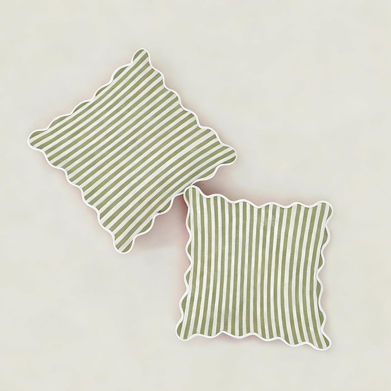 Mayler Yee Scalloped Throw Pillow Covers | Decorative Couch Pillows | Cute Stripe Pillow Cases | Boho Sytle for Living Room (Green & White, 18x18 Inch) - Image 1