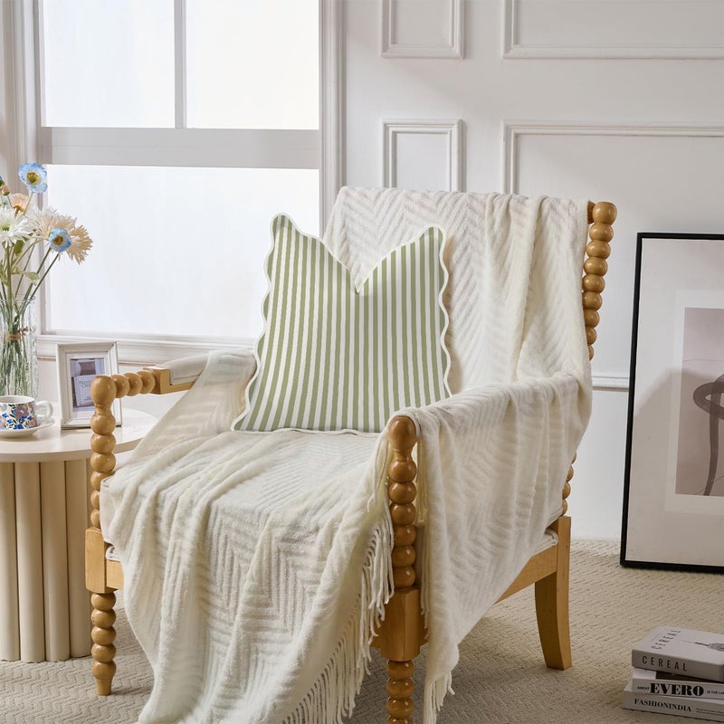 Mayler Yee Scalloped Throw Pillow Covers | Decorative Couch Pillows | Cute Stripe Pillow Cases | Boho Sytle for Living Room (Green & White, 18x18 Inch) - Image 3