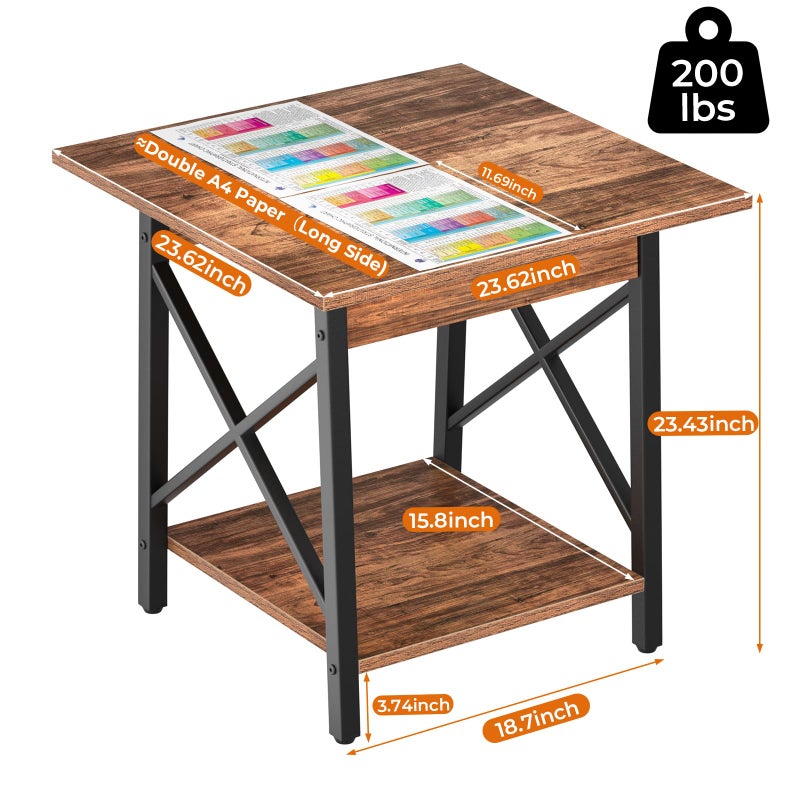 GreenForest End Table 24 inch for Living Room, Large Square Side Tables with X-Frame, Tall Industrial Bedside Nightstand with 2-Tier Storage, Rustic Walnut - Image 2