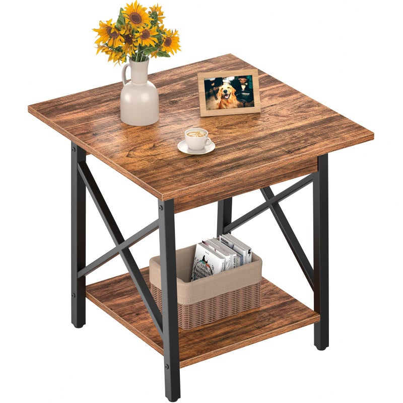 GreenForest End Table 24 inch for Living Room, Large Square Side Tables with X-Frame, Tall Industrial Bedside Nightstand with 2-Tier Storage, Rustic Walnut - Image 1