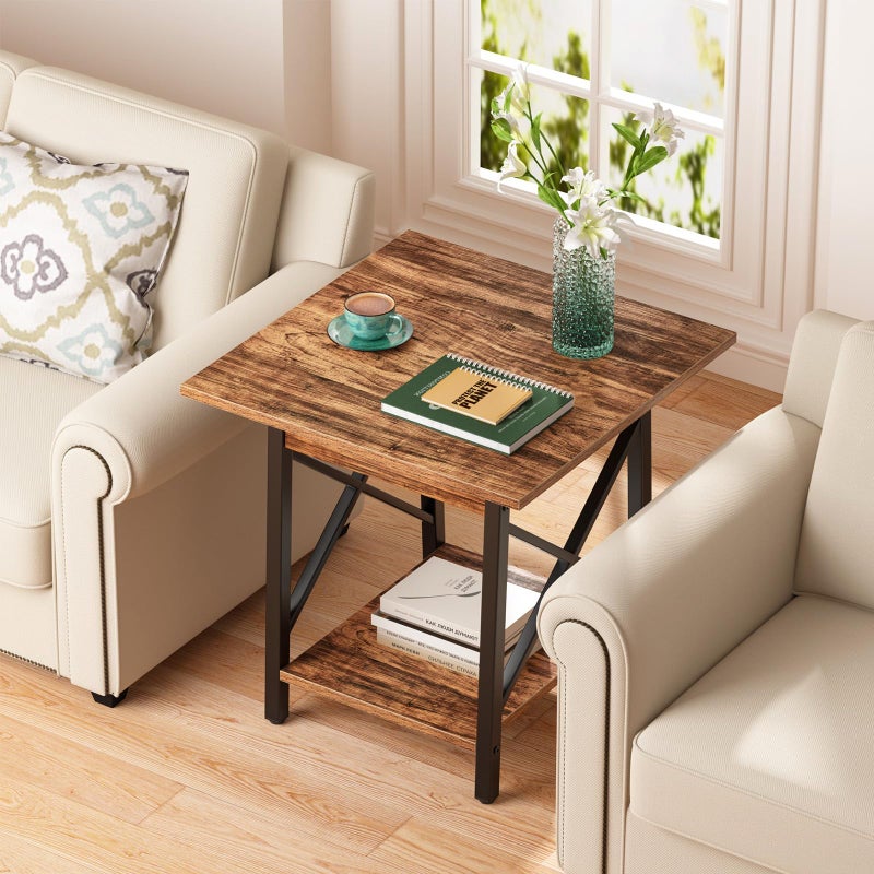 GreenForest End Table 24 inch for Living Room, Large Square Side Tables with X-Frame, Tall Industrial Bedside Nightstand with 2-Tier Storage, Rustic Walnut - Image 4