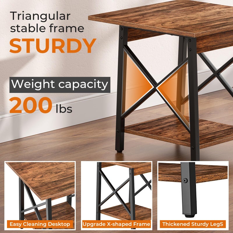 GreenForest End Table 24 inch for Living Room, Large Square Side Tables with X-Frame, Tall Industrial Bedside Nightstand with 2-Tier Storage, Rustic Walnut - Image 3