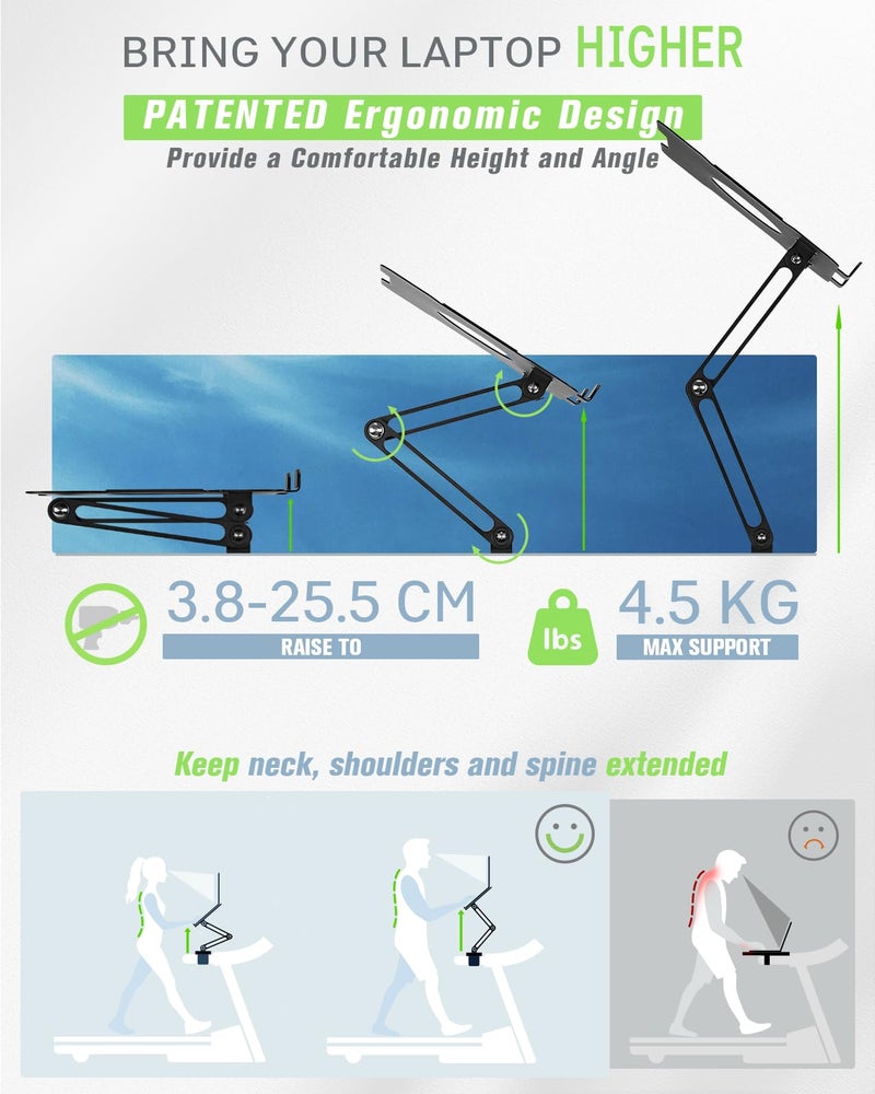 INMAKER Treadmill Desk Attachment, Universal Treadmill Laptop Holder Adjustble Height Width, Aluminum Laptop Stand for Treadmill with Tray Black - Image 2