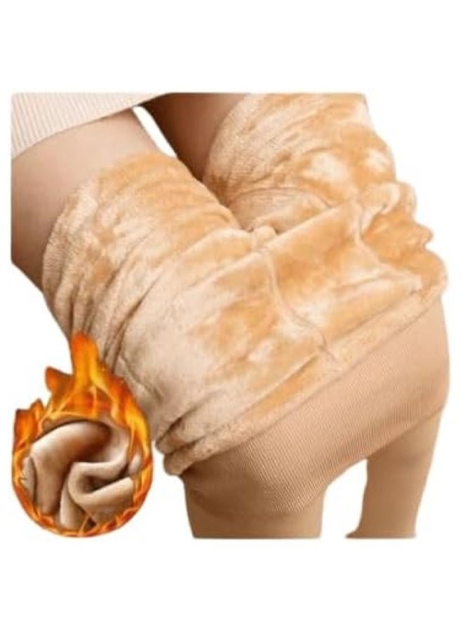 Women Winter Fleece Lined Tights High Waist Stretchy Warm Thick Winter Socks Beige - Image 1