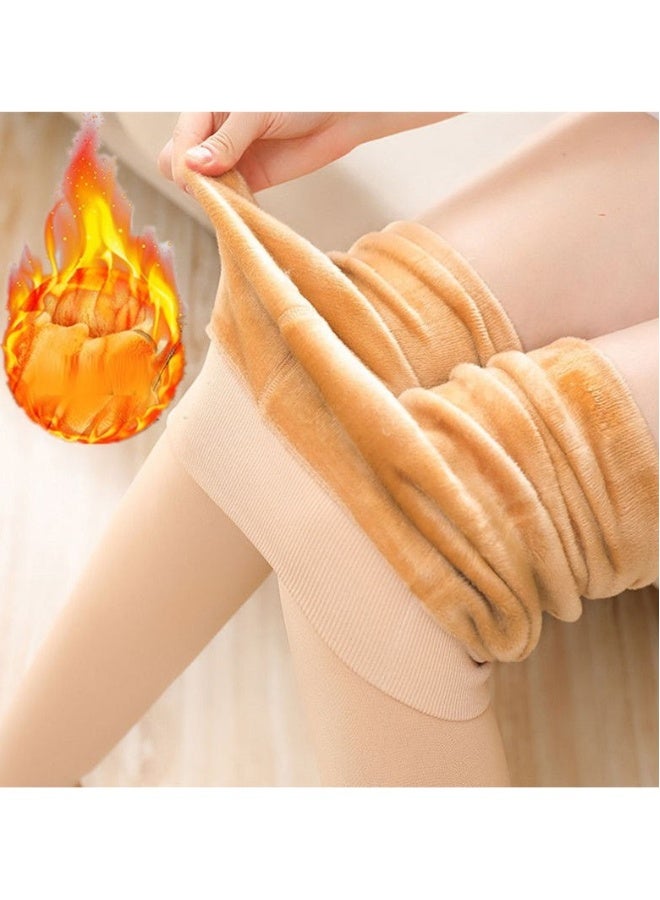 Women Winter Fleece Lined Tights High Waist Stretchy Warm Thick Winter Socks Beige - Image 3