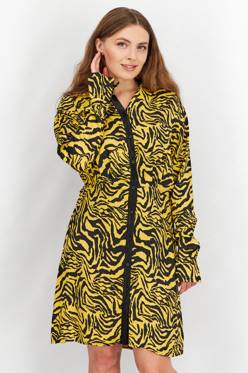 Mohito Women Spread Collar Long Sleeve Textured Mini Dress, Black - Image 1