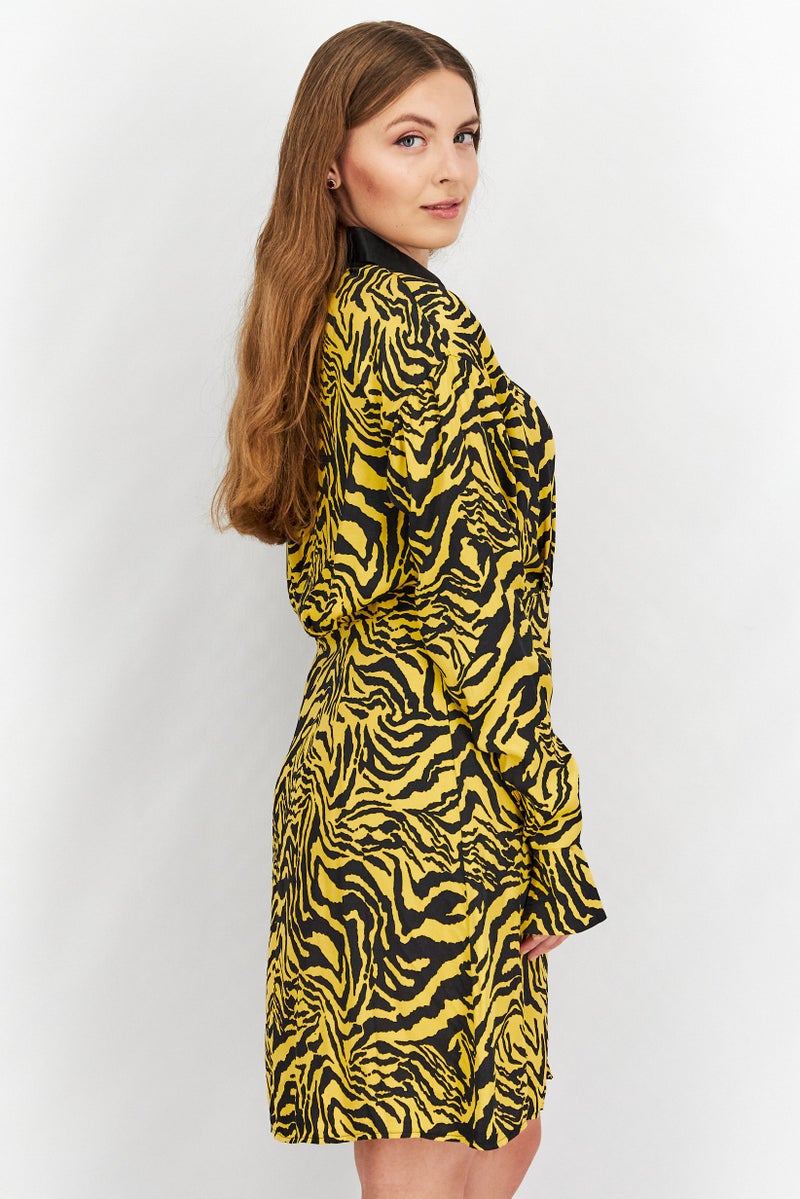 Mohito Women Spread Collar Long Sleeve Textured Mini Dress, Black - Image 3