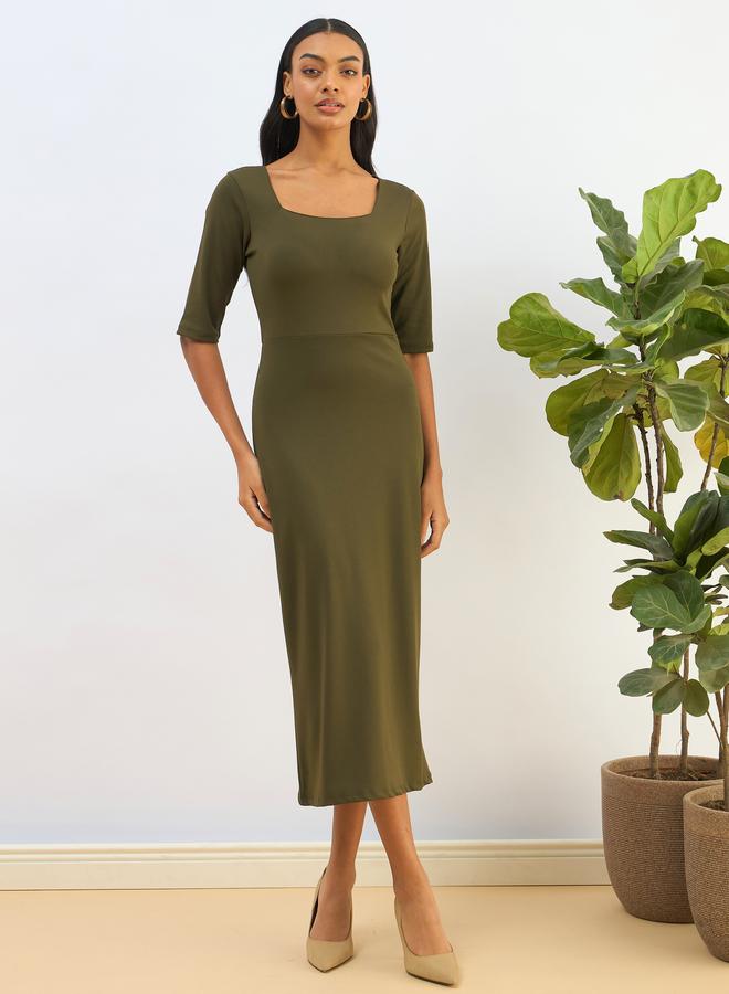 Sassafras Olive Square Neck Knit Bodycon Midi Dress - Image 1