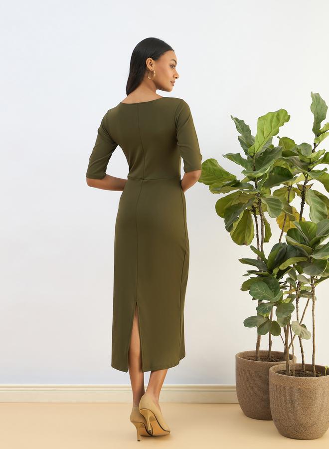 Sassafras Olive Square Neck Knit Bodycon Midi Dress - Image 5