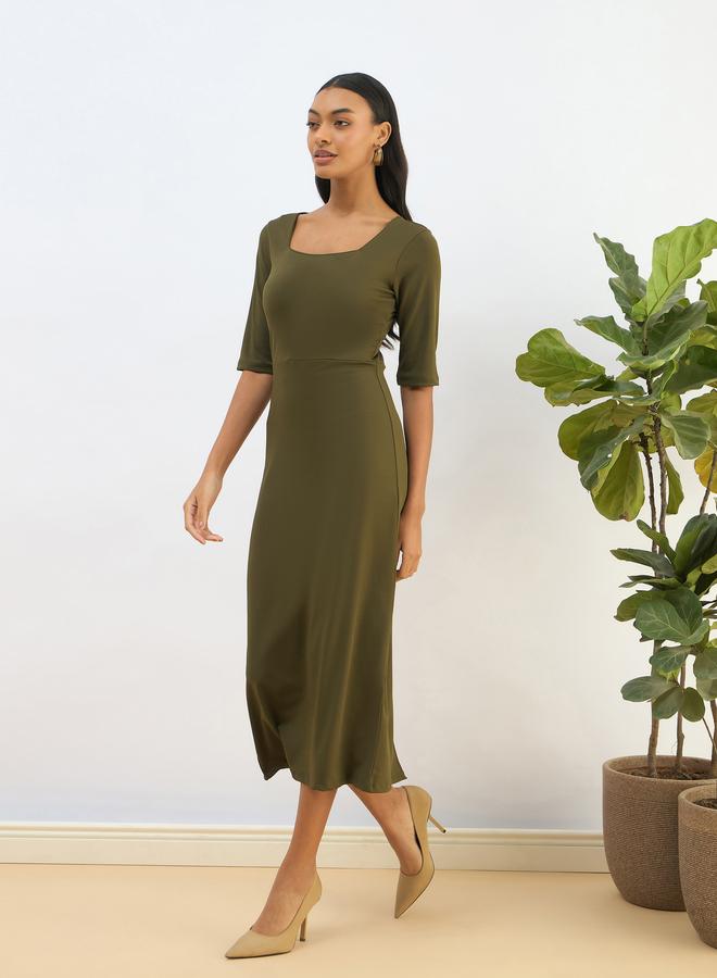 Sassafras Olive Square Neck Knit Bodycon Midi Dress - Image 3