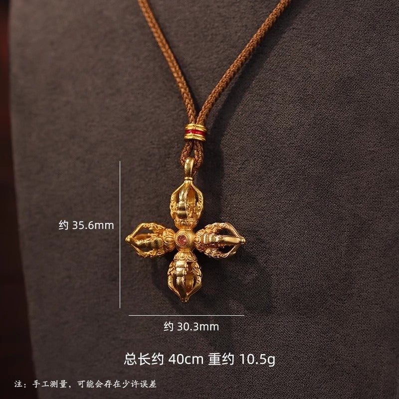 Ancient Style Gold-Plated Vajra Pendant Necklace, Cross Pisces Gourd Pixiu Charm, Unisex Chain