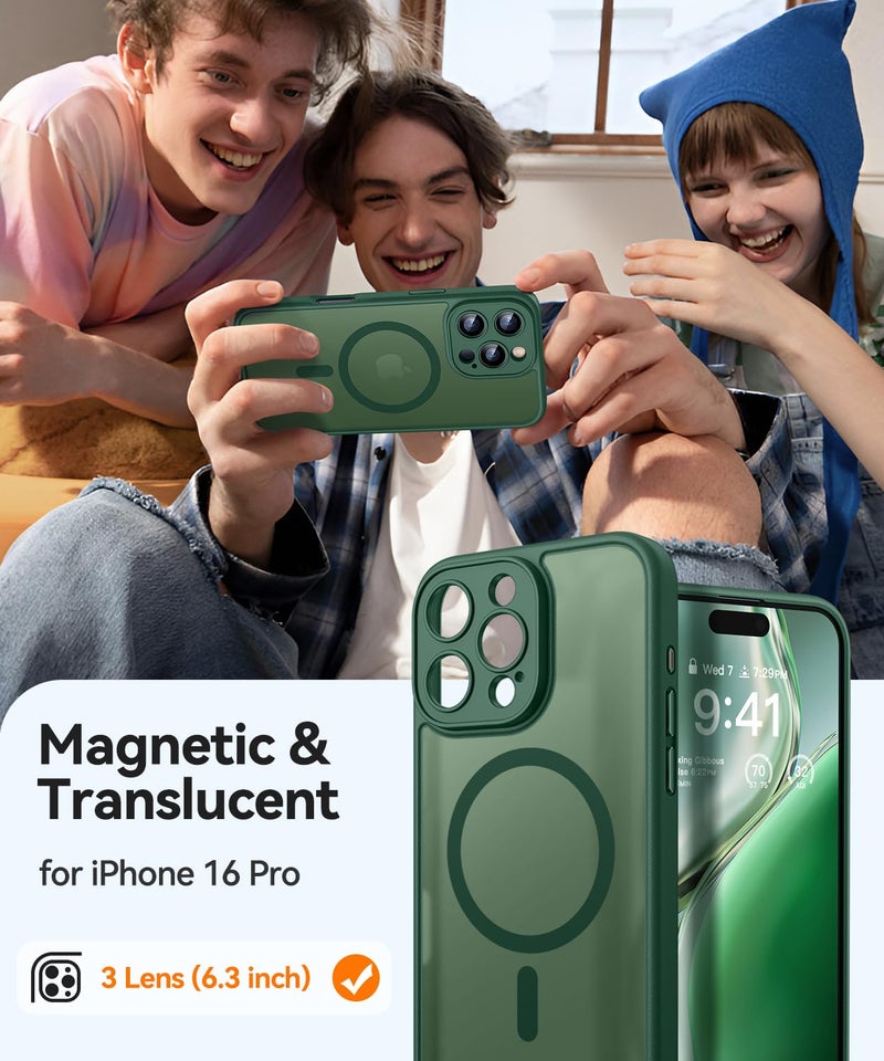 CANSHN Magnetic for iPhone 16 Pro Case, Upgraded [Full Camera Protection] [Compatible with Magsafe] [Translucent Matte] Shockproof Protective Phone Case for iPhone 16 Pro 6.3" - Deep Green - Image 2