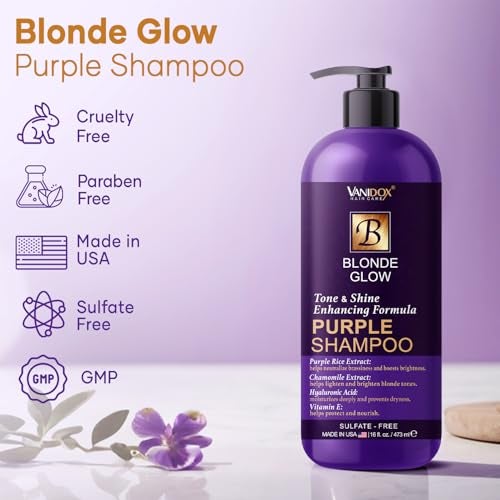 VANIDOX Sulfate Free Brass Toning Purple Shampoo for Blondes, Brown Highlighted, or Bleached Hair, Infused with Purple Rice Extract, Hyaluronic Acid, Vitamin E, and Chamomile Extract (16 fl oz) - Image 2
