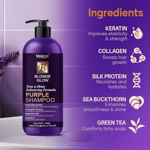 VANIDOX Sulfate Free Brass Toning Purple Shampoo for Blondes, Brown Highlighted, or Bleached Hair, Infused with Purple Rice Extract, Hyaluronic Acid, Vitamin E, and Chamomile Extract (16 fl oz) - Image 4