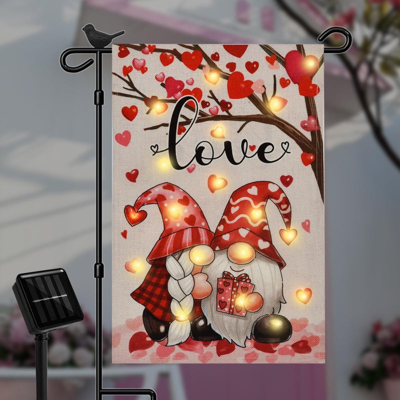 FLAGMESAGE Lighted Valentine Day Garden Flag for Outside 12x18 Gnomes Solar Yard Flag with 8 Twinkle Modes for Patio Lawn Outdoor Decoration - Image 1
