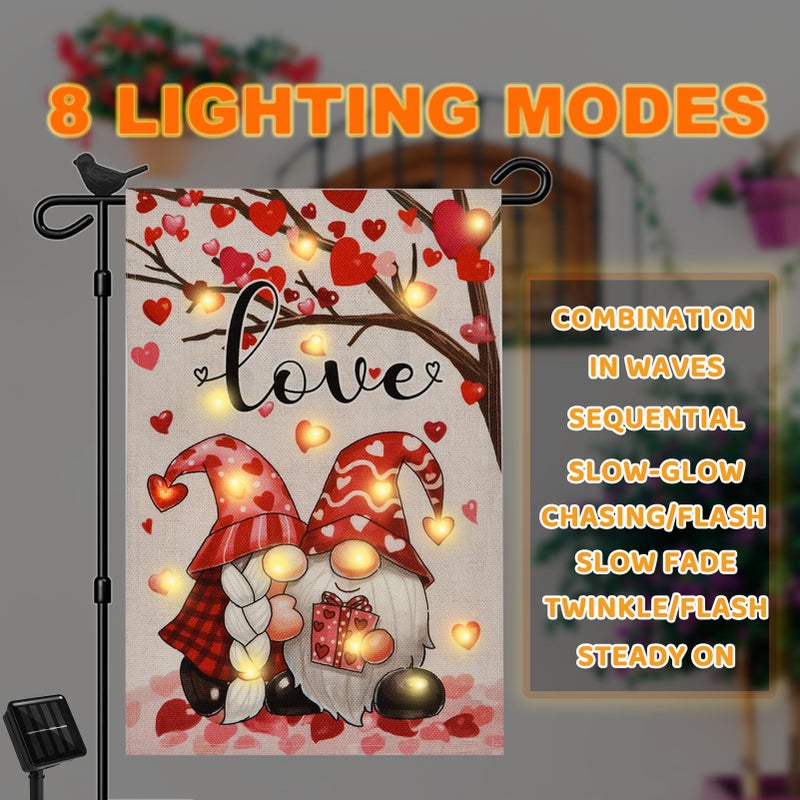 FLAGMESAGE Lighted Valentine Day Garden Flag for Outside 12x18 Gnomes Solar Yard Flag with 8 Twinkle Modes for Patio Lawn Outdoor Decoration - Image 3