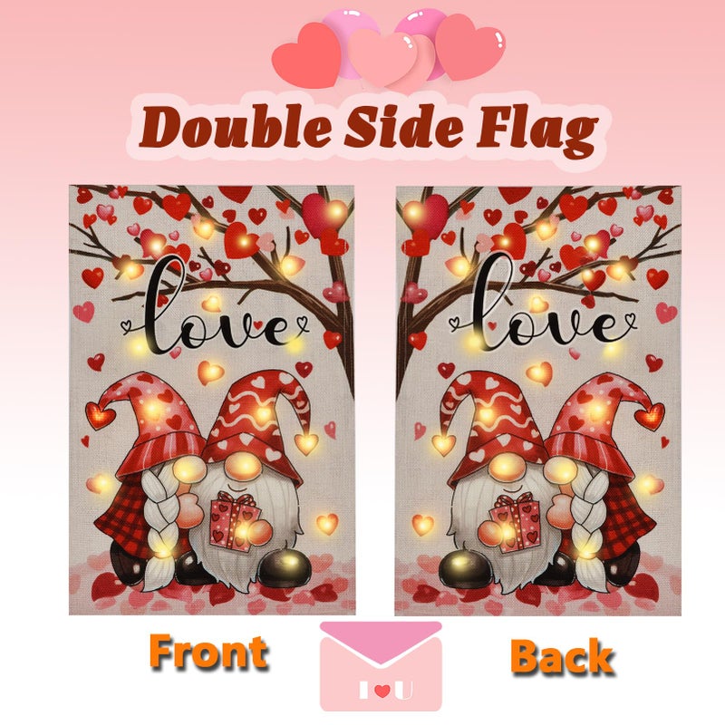 FLAGMESAGE Lighted Valentine Day Garden Flag for Outside 12x18 Gnomes Solar Yard Flag with 8 Twinkle Modes for Patio Lawn Outdoor Decoration - Image 5