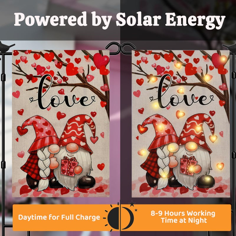 FLAGMESAGE Lighted Valentine Day Garden Flag for Outside 12x18 Gnomes Solar Yard Flag with 8 Twinkle Modes for Patio Lawn Outdoor Decoration - Image 4