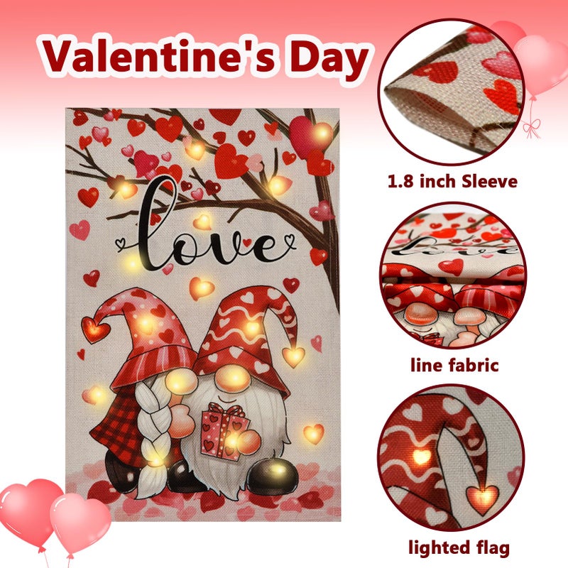 FLAGMESAGE Lighted Valentine Day Garden Flag for Outside 12x18 Gnomes Solar Yard Flag with 8 Twinkle Modes for Patio Lawn Outdoor Decoration - Image 2