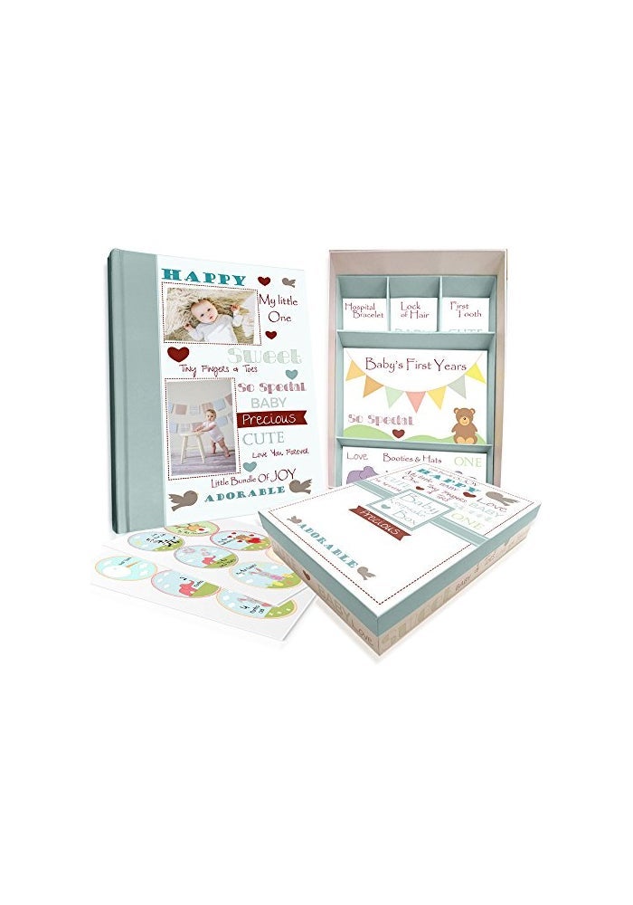 Next Baby Memory Book w/Keepsake Box & 30 Monthly & Baby First Milestone Stickers - Gender Neutral Scrapbook Album for - Image 1