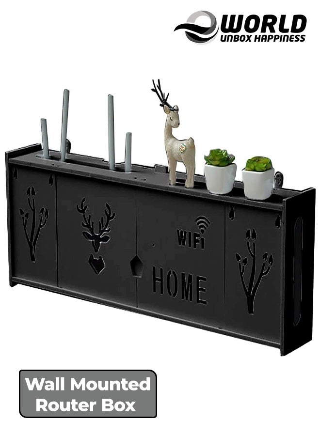 Eworld Stylish Wall-Mounted Router Rack for Wi-Fi Router, Set-Top Box, Light Cat Box, and More, Includes Doors and Patch Panel Shielding Box for Neat Storage, Black - Image 1