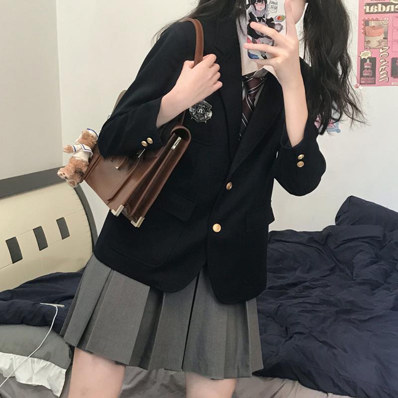 Spring JK Uniform Set Small Size Hong Kong Style Womens Three Piece Set Vintage Shirt Coat Skirt Combo Trendy Streetwear Black blazer gray pleated skirt shirt and tie
