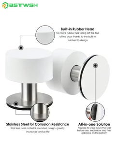 BSTWSH 2 Pack Door Stoppers Stop with Extra Stickers, Self-Adhesive Door Stops with Black Rubber Bumper & Stainless Steel Body - Heavy Duty Door Knob Wall Protector Sound Dampening for Home & Office Use  - Image 2
