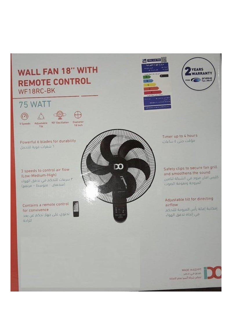 IDO iDO 18 Inch Wall Fan with Remote Control, 6 Powerful Blades - 75 Watts, 3 Speeds, 6 Powerful Blades, Black - WF18RC-BK  - Image 4