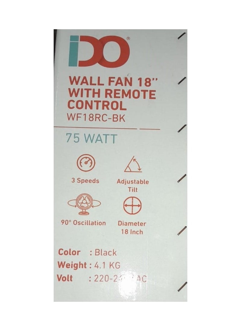 IDO iDO 18 Inch Wall Fan with Remote Control, 6 Powerful Blades - 75 Watts, 3 Speeds, 6 Powerful Blades, Black - WF18RC-BK  - Image 5