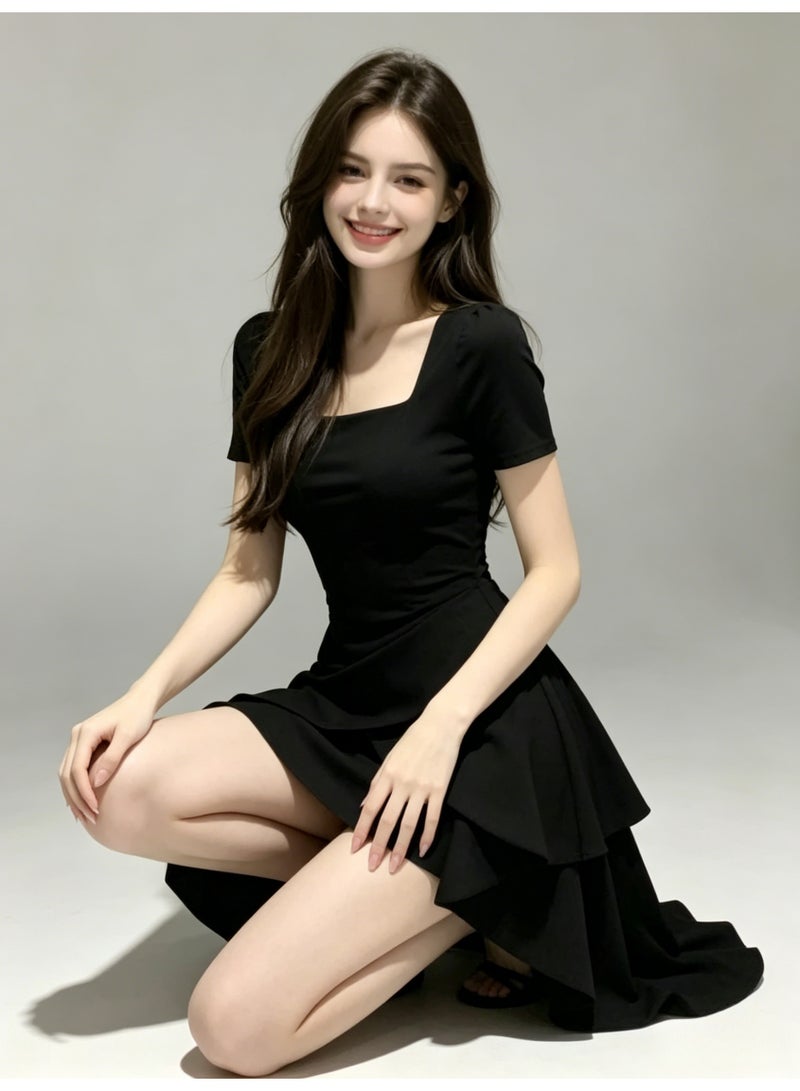 ZARA Women’s Square Neck Short Sleeve Irregular Ruffle Mini Dress - Image 3