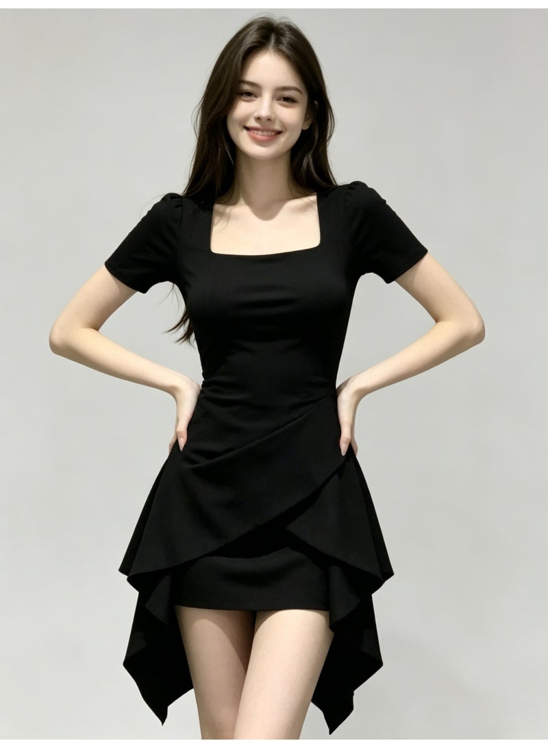 ZARA Women’s Square Neck Short Sleeve Irregular Ruffle Mini Dress - Image 4
